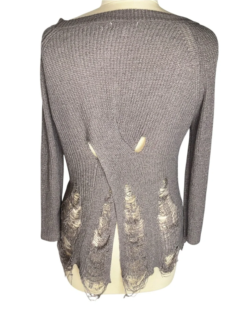 easel Taupe Distressed Scoop Neck Knit Sweater
